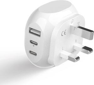 UK Ireland Travel Plug Adapter - 5 Input with 20W PD-QC 3.1A Dual USB-C and USB - Light Weight - USA to Any Type G Countries Such as Hong Kong England and More (PTU-7) White