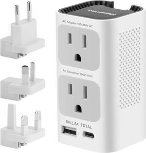 Universal Travel Adapter 220V to 110V Voltage Converter US to Europe International Power Plug Adapter with 1 USB Port 1 USB C Power Converter Adapter Combo for EU/UK/AU/US