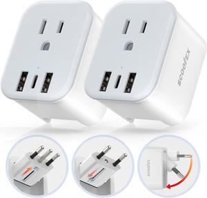 2 Pack Foldable European Travel Plug Adapter with 3 USB (1 USB-C Port) and 1 AC Power Outlet Charger for US to Most of Europe France Germany Spain and Italy (Type C/L)