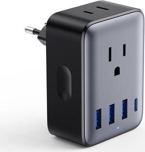 European Travel Plug Adapter USB C 45W International Power Plug with 2 AC Outlets 1 USB C and 3 USB A Port 6-in-1 Type C Power Adapter Charger for US to Most of Europe EU Spain Italy France Germany
