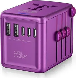 Universal Travel Adapter Offers 5.8A 3X 3.0A USB-C Ports 2X 2.4A USB-A Ports and Multi AC Outlet All-in-One International Power Plug Adapter Worldwide Travel Charger for EU USA UK AUS (Purple)