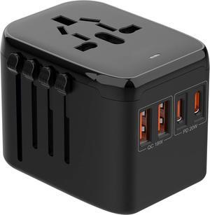 Universal Travel Adapter Worldwide with 2 USB-C PD 2 USB-A QC and Multi AC Outlets All in One International Power Adapter Supports Gan Tech Fast Charging for EU US UK AU 200+ Countries Black