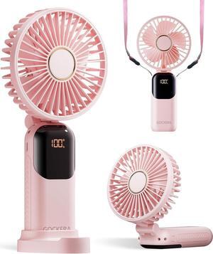 Portable Fan 4200mAh Battery Operated Fan 5 Speeds&Digital Display 180° Foldable Makeup Fan for Women with Base Handheld/Neck/Desk 3in1 Fan for Outdoor Indoor Ultra Quiet (Pink)