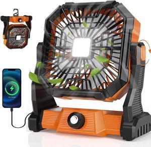 Personal Fan Camping rechargeable 20000mAh Battery powered fan with LED Lantern 270°Head Rotation Small Table/USB Desk Fan Portable with Hanging Hook for Travel Camping Tent Office Orange
