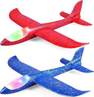 2 Pack LED Light Airplane 17.5 Large Throwing Foam Plane 2 Flight Mode Glider Plane Flying Toy for Kids Gifts for 3 4 5 6 7 8 9 Years Old Boy Outdoor Sport Toys Birthday Party Favors Foam Airplane