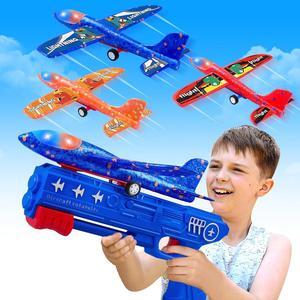 3 Pack Airplane Launcher Toys 2 Flight Modes LED Foam Glider Catapult Plane Outdoor Flying Toy for Kids Birthday Gifts for Boy Girl 6+ Year Old B-Day Party Supplies