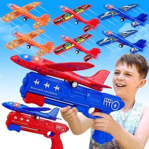 6 Pack Airplane Launcher Toys 2 Flight Modes LED Foam Glider Catapult Plane Outdoor Flying Toy for Kids Birthday Gifts for Boy Girl 4 5 6 7 8 9 10 11 12 Year Old B-Day Party Supplies
