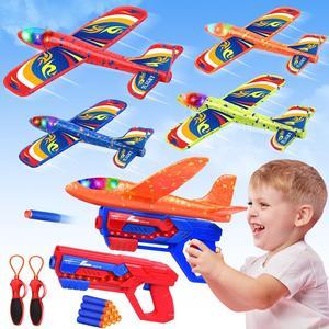 9 Pack Airplane Launcher Toys LED Foam Glider Plane with 2 Flight Modes Slingshots Shot Bullets DIY Stickers Outdoor Flying Toys Gifts for 4 5 6 7 8 9 10 11 12 Years Old Boys Girls Kids