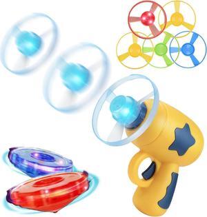 Glow Flying Disc Launcher Outdoor Toys for Kids Ages 3-12 flying saucer Toy disc launcher spinner disc guns Flying Disc for Indoor Outdoor Games Cat Fetch Toy (Yellow)