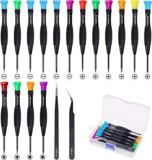 Screwdriver Set 18Pcs Magnetic Small Screwdrivers with Flathead Phillips Screwdrivers Pentalobe Torx Star Screwdrivers Tweezers in Different Sizes Colors for Repairing Eyeglass Phone Watch