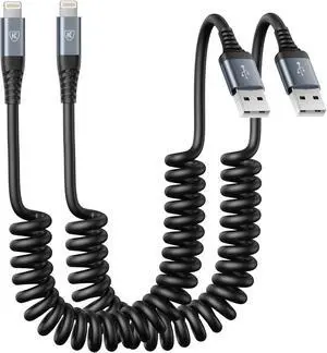 Coiled Lightning Cable iPhone Charger Cable 3FT for Car 2 Pack [ MFi Certified] 3 Feet Lightning Cord Compatible with iPhone14/13/12/11 Pro Max/XS MAX/XR/XS/X/8/7/Plus/6S iPad/iPod- Black