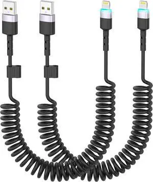 Coiled iPhone Charger Cord 2 Pack Coiled Lightning Cable 3FT USB Carplay Cable Car Accessories Short iPhone Car Charger Cord [MFi Certified] Short USB to Lightning Cable Black