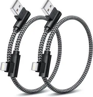 iPhone Charger 1ft 90 Degree 2 Pack MFi Certified Elbow Short Lightning Cable Right Angle Fast Charging Cord for iPhone 14 13 12 11 Pro X XS XR 8 Plus 7 6 5 (Black Grey 1 Foot)