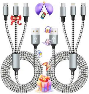 Multi Charging Cable (2 Pack 4FT) Multi USB Charger 3 in 1 Charging Cable Nylon Braided Fast Charging Cord with Type-C Micro USB IP Port for Most Phones/iPhones/Tablets