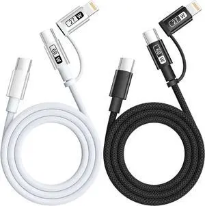 60W Max 2 in 1 USB C to C/Lightning Cable Fast Charging Type-C Cable USB-C Multi iPhone Charger Cord Compatible for iPhone 16/15/14/13 Android MacBook iPad Carplay and More (2Pack 4FT)