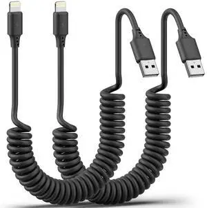 Coiled Lightning Cable 3FT 2Pack Coiled Lightning Cable for Car Stretchable iPhone Cord Fast Charging [MFi Certified] Coiled USB to Lightning Cable for iPhone 14 13 12 11 Pro Max XS 8 iPad CarPlay
