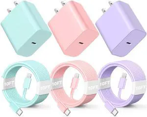 Compatible with iPhone Charger Fast Charging [3Pack 10FT] 20W PD USB C Wall Charger Block with Type C to Lighting Cable Compatible with iPhone 14/13/12 Pro Max/11/XS/XR/X/8/Plus