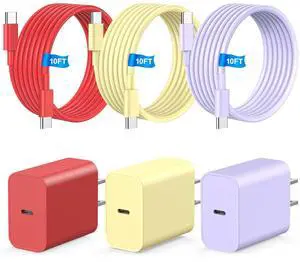 i Phone Charger Fast Charging 3Pack 20W Type C Fast Charger Block with 10FT USB C Cable Fast Charging Cable for i Phone 15/16 Pro/Max/Plus Pad Air/Pro Samsumg (Red Purple Yellow)