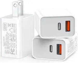 USB C Wall Charger Block 20W 3-Pack Dual Port PD Power Delivery Fast Type C Charging Block Plug Adapter for iPhone 16/15/14/13/12/11 /Pro Max XS/XR/X iPad Pro   Galaxy(White)