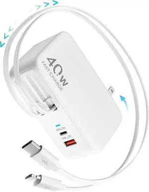 Hatalkin 4-in-1 Retractable Wall Charger Plug with Dual USB Ports and 35.5in/90cm Lightening and Type-C Cables 40W Fast Charging Foldable Block for iPhone 16/15/14/13/12/11 iPad Galaxy Pixel