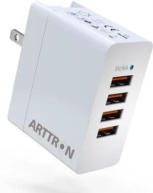 USB Wall Charger Adapter Arttron 30W 4-Port Foldable Wall Plug Multiport Charger for iPhone iPad Tablets Smartphones Home Office Use