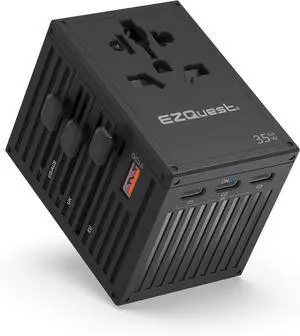 WorldTravel 35W GaN 5-Port Wall Charger - Compact Universal Travel Adapter with 4 Plug Types (US/UK/EU/AU) for 200+ Countries - 4X USB-C & 1x USB-A Ports PD Fast Charging - Black