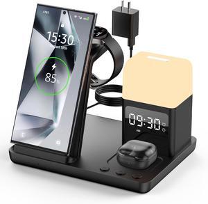 Wireless Charger for /Android Charging Station 6 in 1 Fast Watch Charger with Alarm Clock-Night Light Compatible for Galaxy S25 Ultra/S24/S23 Only for  Watch7 Galaxy Buds3 Pro(Black)