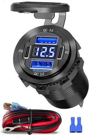 Upgraded 12V USB Charger with 4 Ports - Aluminum Alloy Car Outlet with LED Voltmeter for Cars Golf Carts Boats RVs Trucks and Motorcycles (Pack of 1)