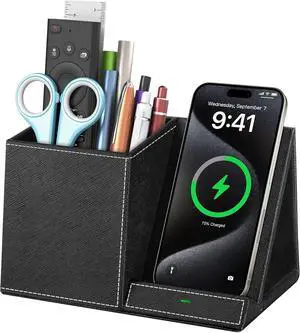 Wireless Charger with Pen Pencil Holder Leather Mltifunctional Desk Nightstand Organizer Fast Charging Station Remote Control Holder Office Supplies Desk Accessories Gifts for Men(Black)