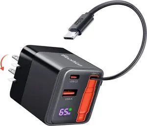 65W USB C Charger Block with Retractable Type C Cable and Dual Port Travel Charger (GaN3) PD PPS Fast Charging Foldable Wall Charge for MacBook  IdeaPad iPhone 16 Pro Max Galaxy S24 and More