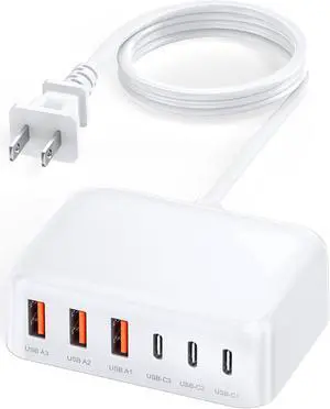USB C Charger Block 100W GaN 6 Port PD USB C QC USB A Wall Charger Adapter Plug Cube Super Fast Type C Charging Station Hub for iPhone 16 15 14 13 12 Pro Max iPad  Pixel 5ft Extension Cord