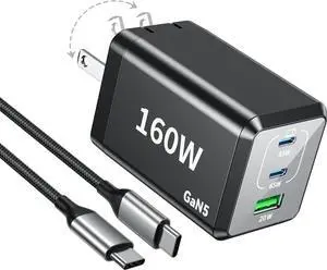 160W USB C Fast Charger Compact Foldable 3 Port Charging Station Hub Brick Block PD PPS 65W Laptop Charger for iPhone 16 16Pro Max MacBook Pro/Air/iPad Pro/Galaxy S24/Note 22/Dell XPS