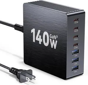140W USB C Charger Block GaN III 7 Port Fast Charging Station PD 3.0 USB Wall Charger for Multiple Devices Portable Power Strip Laptop Charging Hub Travel Adapter for iPad iPhone  Android