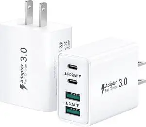 USB C Charger Block 2-Pack 40W USBC Wall Charger Plug 4 Ports Dual PD Power Adapter +QC 3.0 Fast Charging Brick Multiport Type C Cubes Box for iPhone 16 15 14 13 12 11 Pro Max Plus iPad