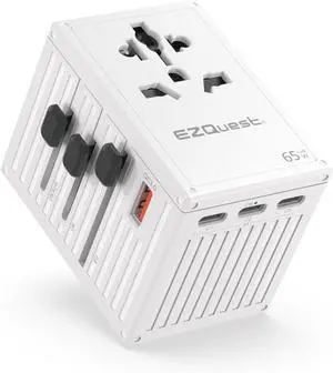 WorldTravel 65W GaN 5-Port Wall Charger - Compact Universal Travel Adapter with 4 Plug Types (US/UK/EU/AU) for 200+ Countries - 4X USB-C & 1x USB-A Ports PD Fast Charging - White