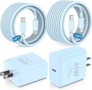45W USB C Fast Charger for iPhone 16/16 Pro Max/15/15 Pro Max 2-Pack 10FT Type C Charger Block & Cable PD 3.0 Super Fast Charging for iPad Pro MacBook Air/Pro M1/M2 AirPods-Blue