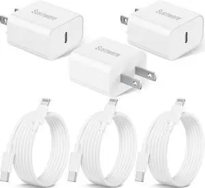 3Pack iPhone Charger Fast Charging 20W Fast PD USB C Wall Charger Adapter with 6Ft USB C to Lightning Cable Compatible for iPhone 14/14 Plus/14 Pro/14 Pro Max/13/ White