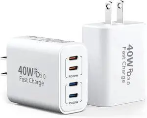 40W USB C Charging Block 4 USB C Ports Type C Wall Plug Fast Charger Cube Power Adapter Box for iPhone 16 15 14 13 12 11 Galaxy Phones Watch Tablet Smartphones - 2Pack