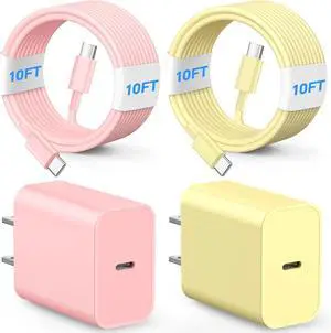 Phone Chager Fast Charging 60W 10FT USB C Charger Cord and Type C Wall Charger Block Compatible with i Phone 16/16 Plus/16 Pro/16 Pro Max/15/15 Pro/15 Pro Max/15 Plus - Pink and Yellow