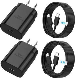 Android Charger 25W for  Charger Super Fast Charging USB C Block Type C Charge Cable Cord [ 6ft +10ft ] for Galaxy S25/S24 Plus/S23/S22/S21/S20/Note 20/Tablet/Watch/iPhone 16/15-Black 2Pack