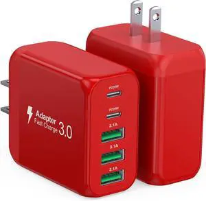 50W USB C Wall Charger 2Pack 5-Port C Charger Fast Charging Block PD Power Adapter +QC 3.0 Multiport Type C Box Brick Cube USB A Wall Plug for iPhone 16/15/14/13 Pro Max iPad  Galaxy(Red)