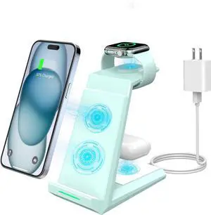 Wireless Charging Station for iPhone - 3 in 1 Charger Stand for iPhone 16 15 14 13 12 11 Pro Max XR XS 8 Plus Wireless Charging Dock for  Watch 9/8/7/SE/6/5/4/3/2 /3/2 (Green)