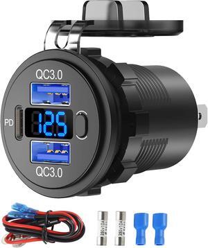 12V USB C Outlet Marine USB Charging Port for Car Dual Quick Charge 3.0 & PD 3.0 Car Charger Socket with Button Switch and Voltmeter Cigarette Lighter Replacement DIY Kit for 12V/24V Vehicles