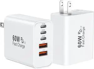 USB C Fast Wall Charger Block 2Pack 60W USBC Charging Cubes 5-Port PD+QC Power Adapter Multiport Brick Type C Box Plug for iPhone 16/15/14/13/12/11/Pro Max/Plus iPad mini/Pro Galaxy S25/S24