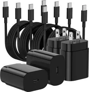 25W Type C Super Fast Charging 4-Pack USB C Wall Charger Block with 2×6ft + 2×10ft USB C to C Cables for  Galaxy S25 Ultra/S25+/S25/S24/S23/S22/Note 20 Series (ETL/FCC Certified)