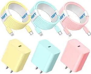 Compatible with iPhone USB C to ightning Cable 3Pack 10FT Long Phone Cables Type C Phone Charger Cord Fast Charging for Phone 14 13 12 11 Pro Max X XS XR 8 7 6s Plus SE and More-YellowBluePink