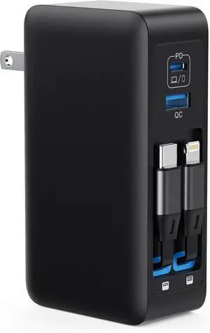 120W USB C Charger Block with 2 Built-in Retractable Cables 4-in-1 GaN IV Foldable Plug Wall Charger Fast Charging Station PD 65W Laptop Adapter for MacBook/iPad iPhone 16/15/14 Android (Black)