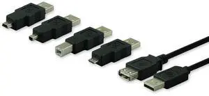 Universal USB 2.0 Adapter Kit 6ft. A Male to A Female Extension Cable 4 Adapters Included: A Male to B Male 4 Pin 5 Pin A Male to Micro USB 33758