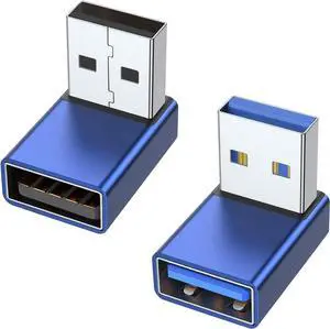 90 Degree USB 3.0 Adapter 2 Pack Up and Down Angle USB A Male to Female Converter Extender for PC Laptop USB A Charger Power Bank and More (Blue)