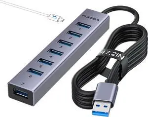 USB to USB Hub Long Cable 8 Ports USB 3.0 Adapter with 7 USB 3.0 Data Ports USB Splitter with USB C 5V/3A Power Port 47IN/120CM Main Cable for Laptop PC and More (USB A 47IN)